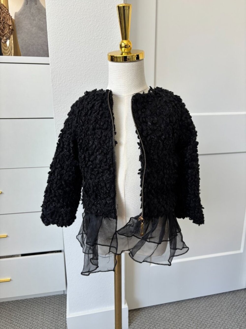 Bijan Black Open Faux Fur Jacket Textured Long Sleeve Girl's Kids Size 6